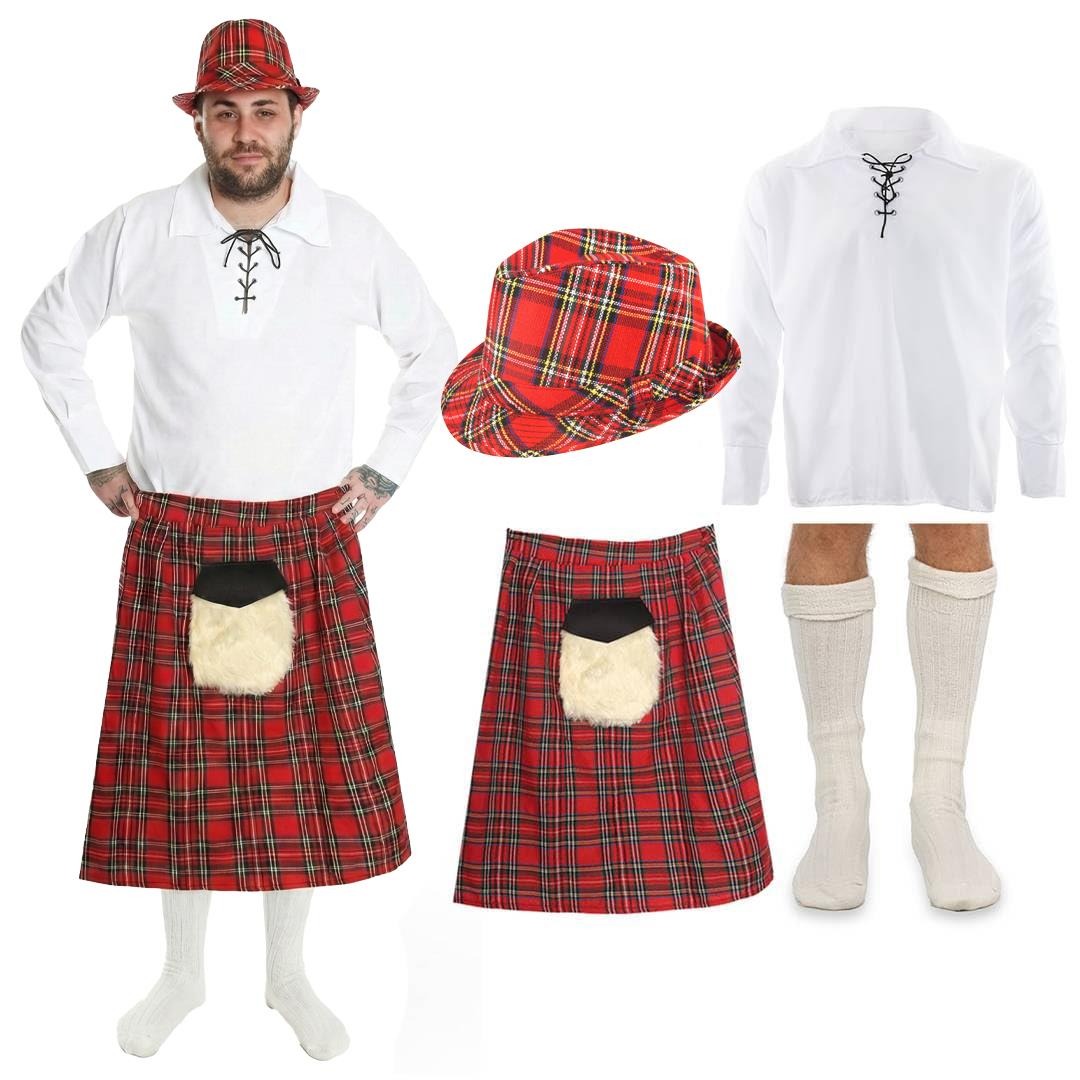 Men's Scottish Costume | 4 Pcs | Shirt, Kilt, Hat & Socks