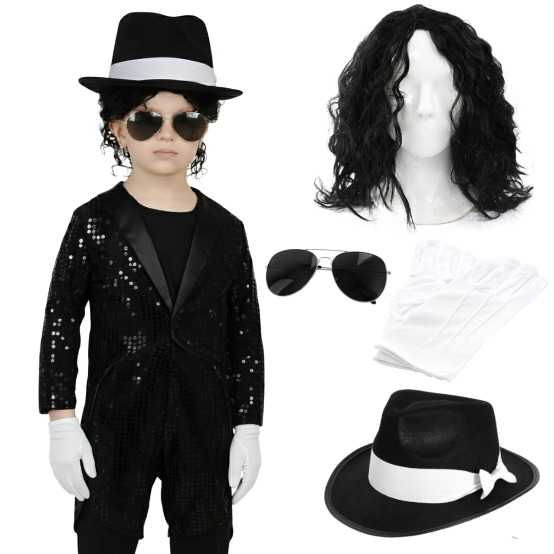 Childs King of Pop Costume | 5 Pcs | Sequin Tailcoat, Hat, Wig, Glasses & Gloves