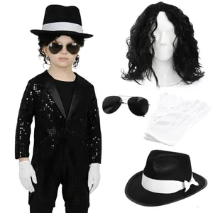 Childs King of Pop Costume | 5 Pcs | Sequin Tailcoat, Hat, Wig, Glasses & Gloves