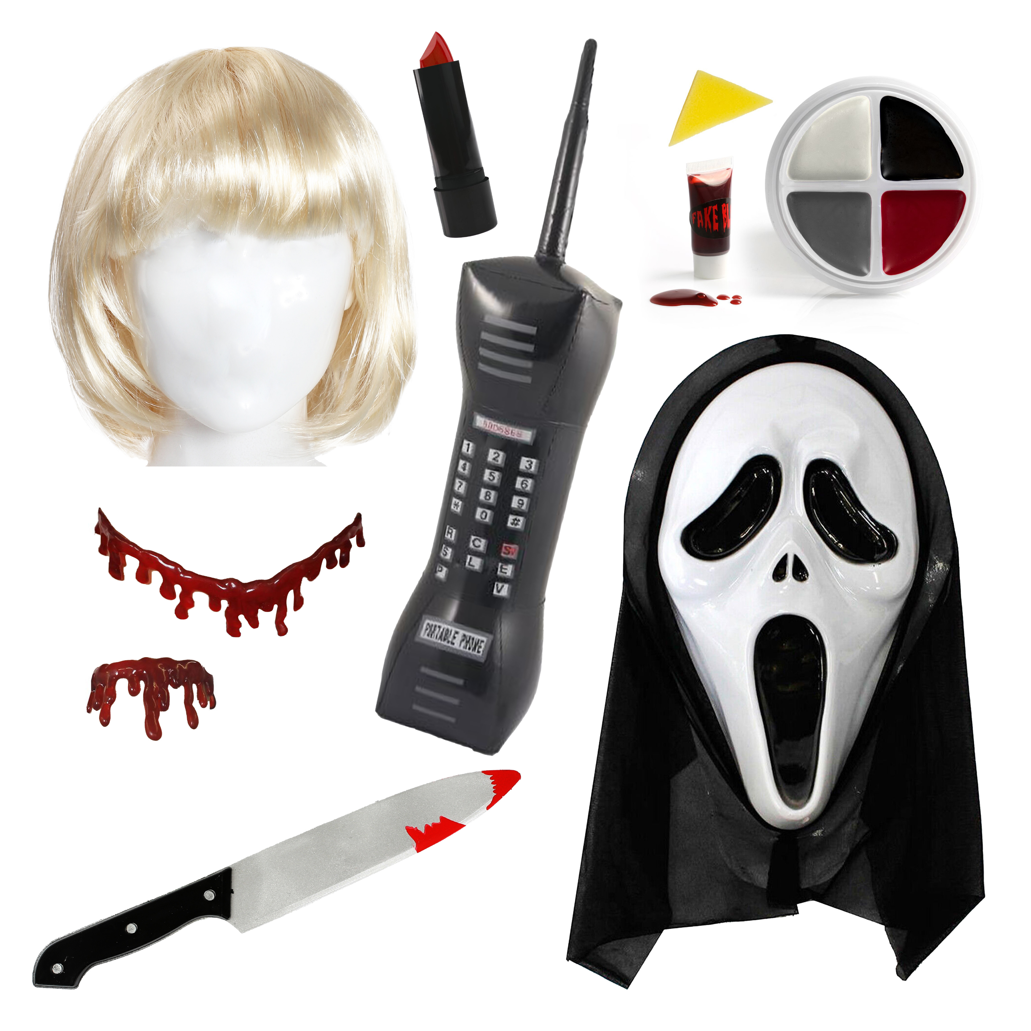 Serial Killer & Casey Accessory Set | 7 Pcs | Mask, Wig, Phone, Knife Prop, Lipstick, Blood Necklace & Face Paint