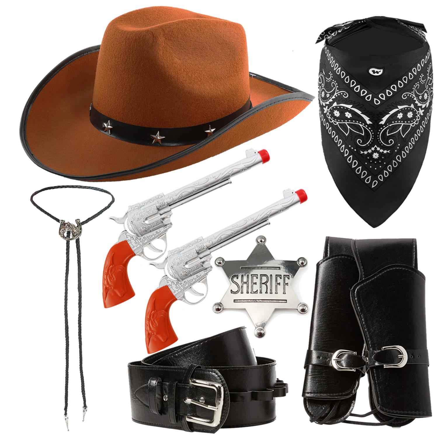 Adults Cowboy Accessory Set | 6 Pcs | Brown Studded Hat, Plastic Pistols, Bandana, Holster, Badge & Bootlace Tie