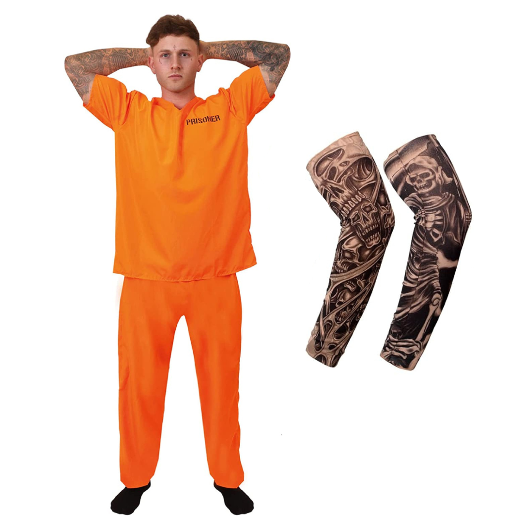 Adults Orange Prisoner Costume with Tattoo Sleeves