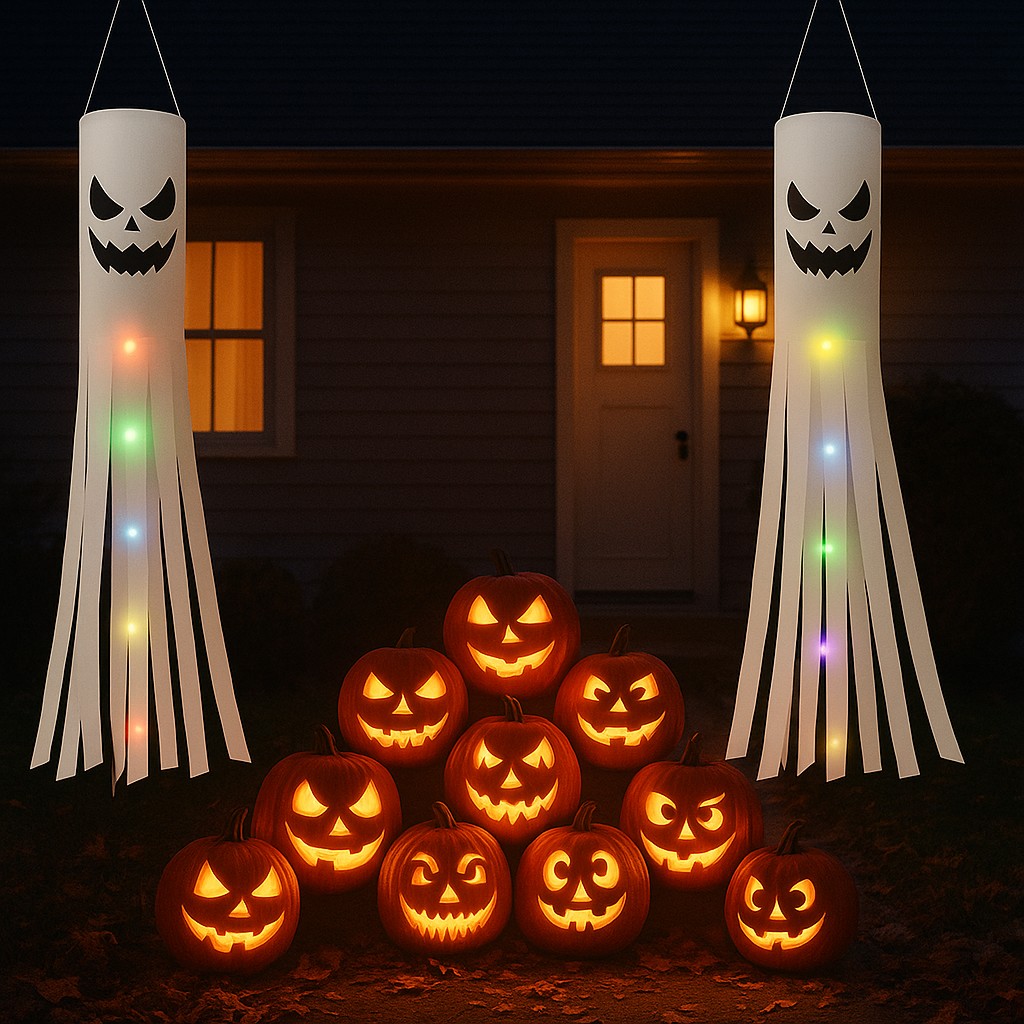 2 Pack Halloween Ghost Windsocks | Hanging Outdoor Flags with 2M LED Lights | Garden & Tree Decorations