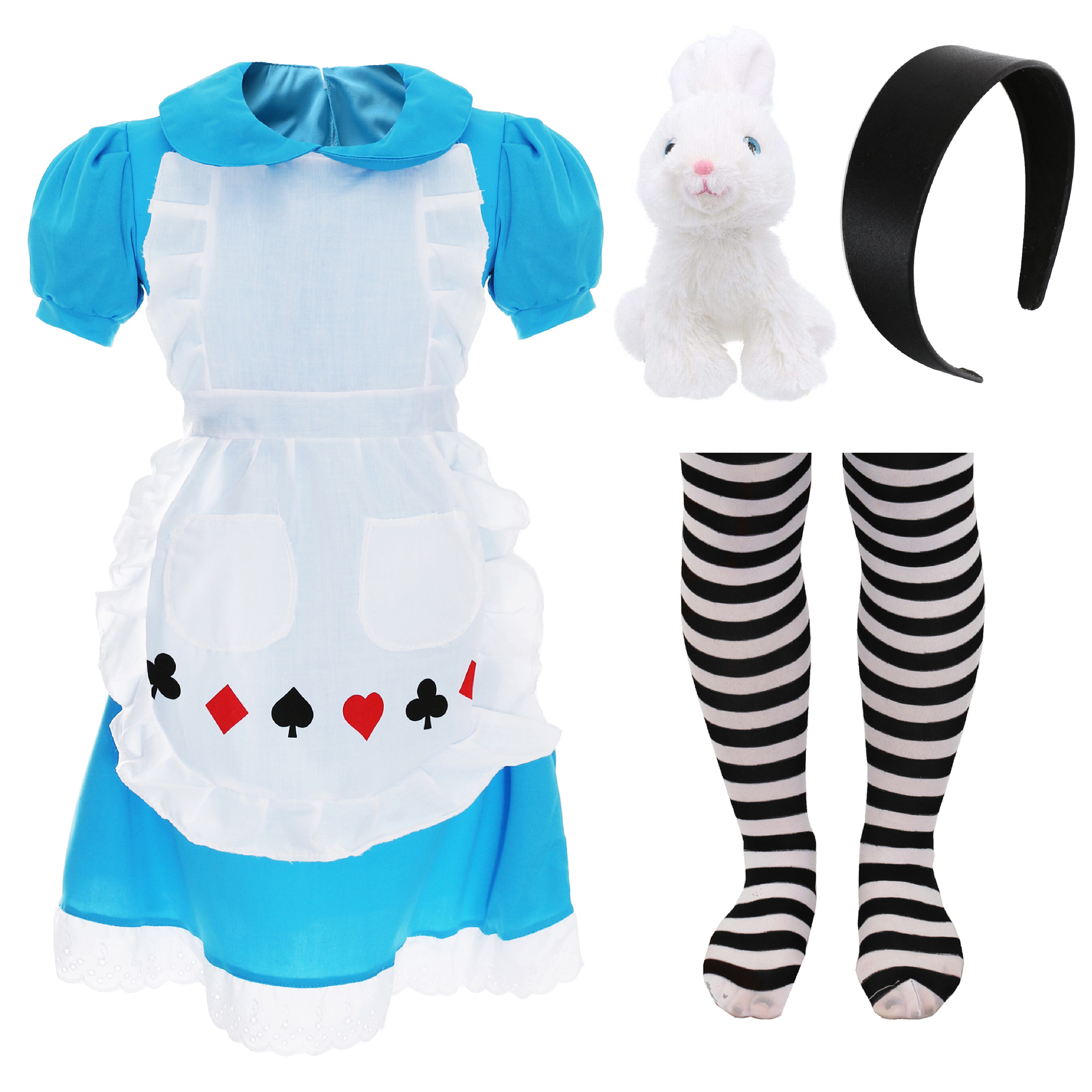 Girls Alice Costume | 4 Pcs | Dress, Headband, Tights & Rabbit