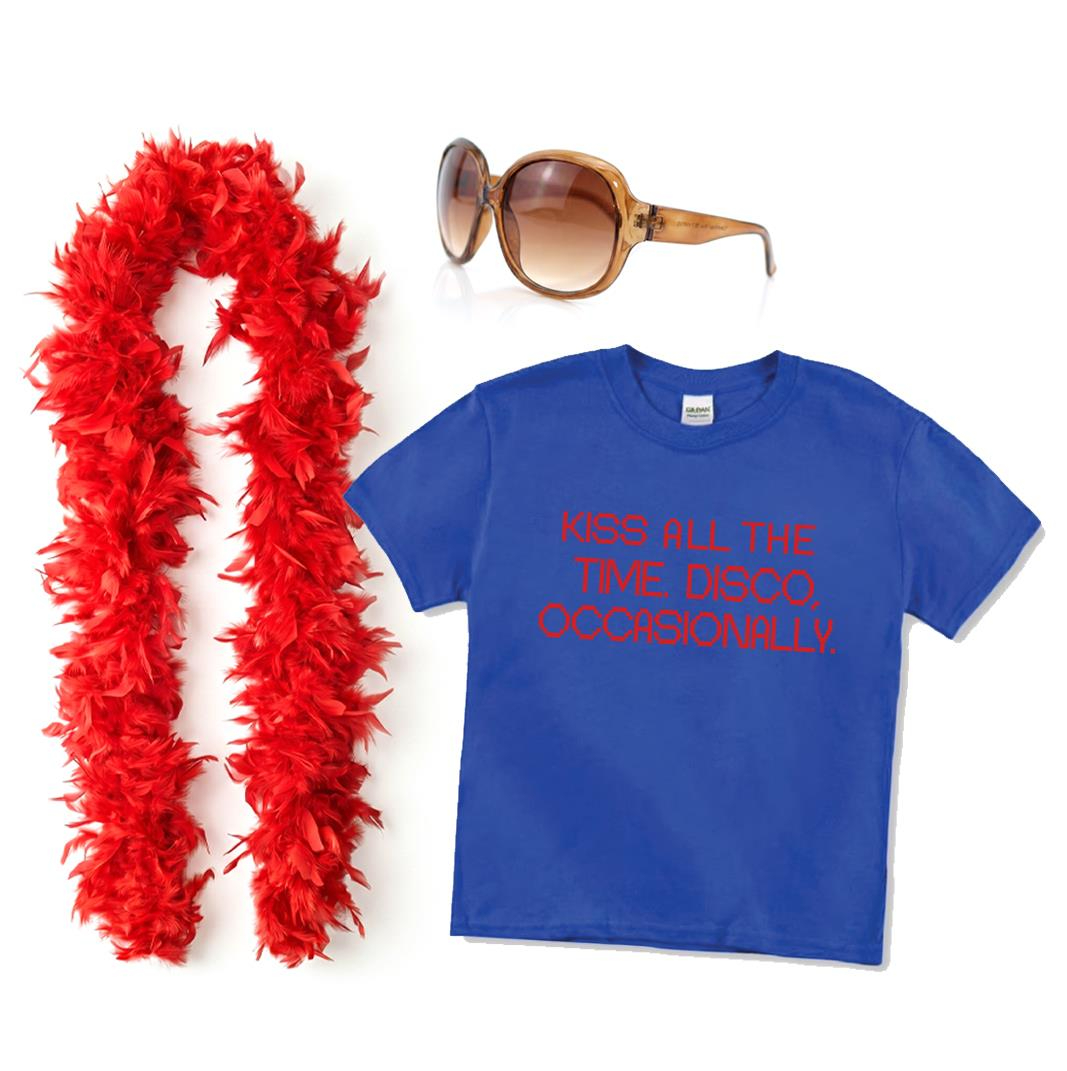 Ladies Pop-Inspired Concert Outfit Set | 3 Piece | Royal Blue Baby Tee, Brown Statement Sunglasses & Red Feather Boa
