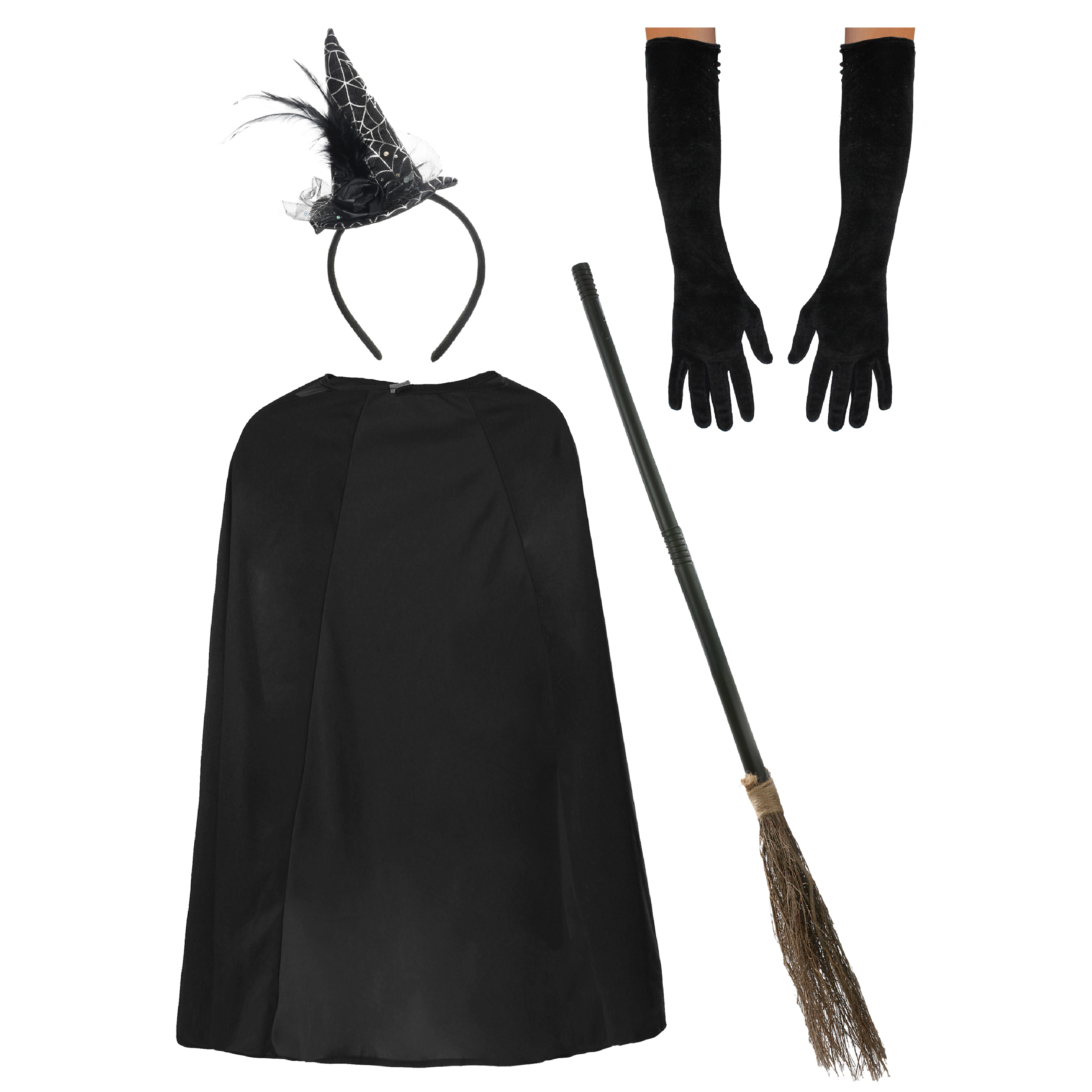 Adults Witch Costume Set | 4 Pcs | Cape, Gloves, Mini Hat & Broom