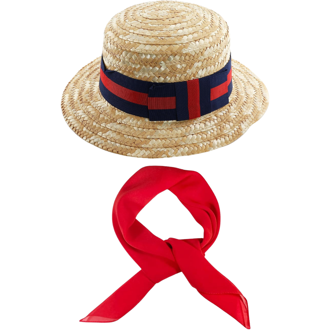 Straw Boater Hat with Blue & Red Ribbon + Red Bandana Neck Tie – Vintage Costume Accessory Set for Adults