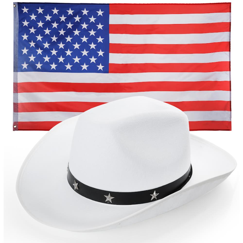 Western Cowboy Accessory Set - White Star Studded Hat & American Flag