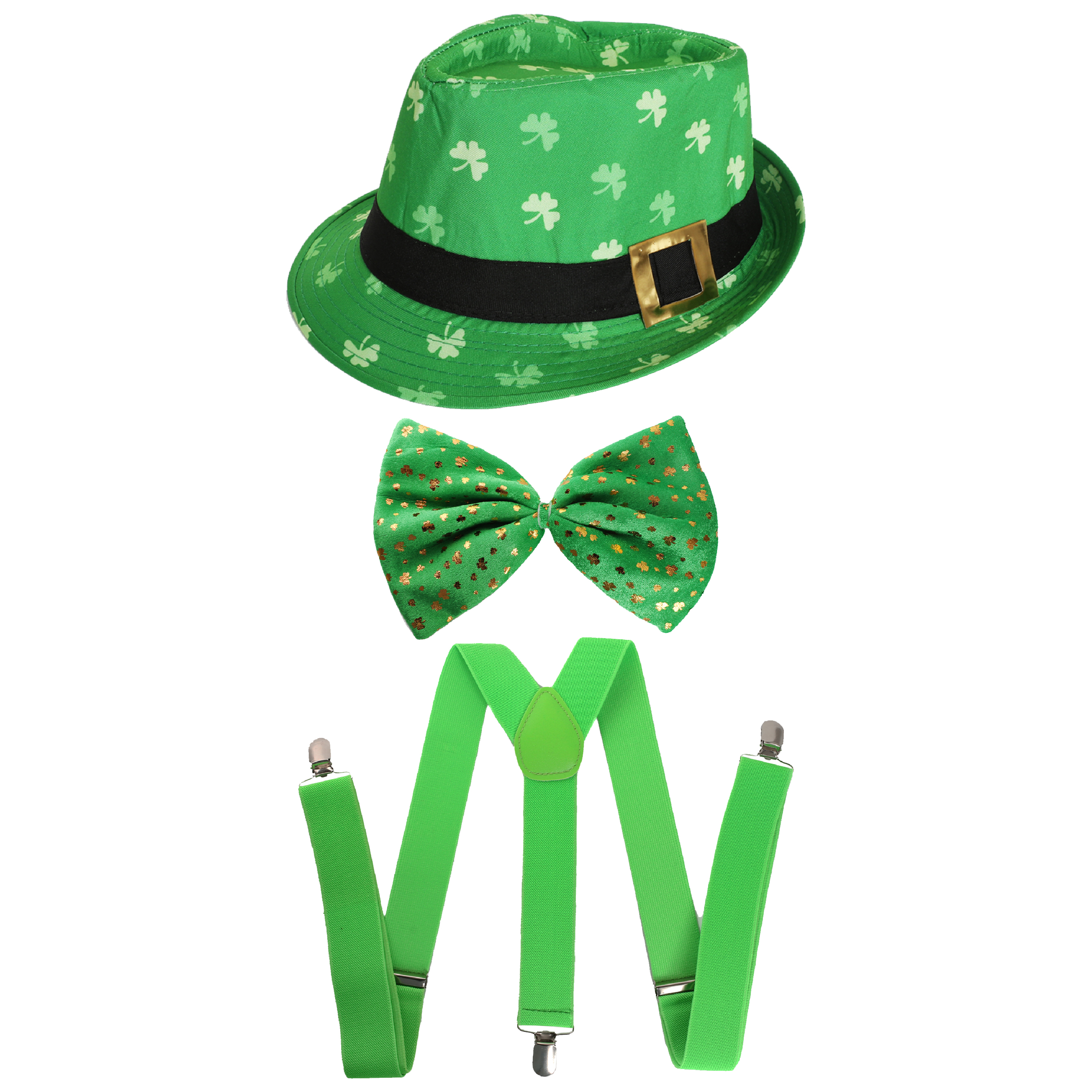 Irish Trilby Hat, Jumbo Shamrock Bow Tie & Green Suspenders