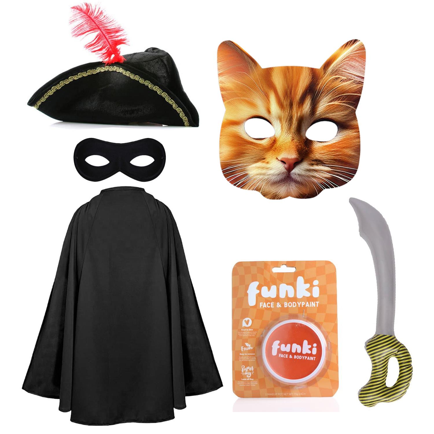 Childs Cat Bandit Costume | 6 Pcs | Cape, Hat, Black Mask, Cat Mask, Inflatable Sword & Orange Face Paint