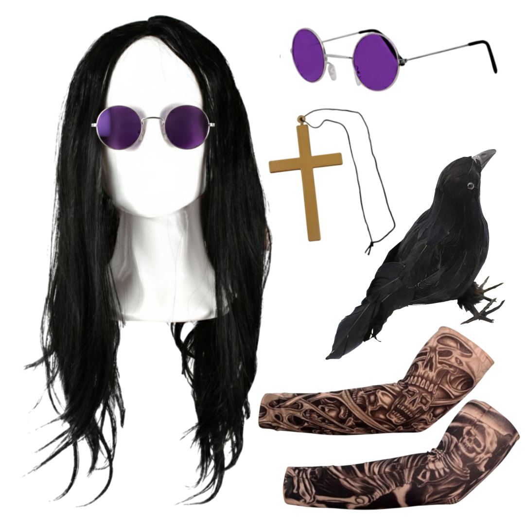 Prince of Darkness Accessory Set | 5 Pcs | Wig, Glasses, Cross Necklace, Crow & Tattoo Sleeves
