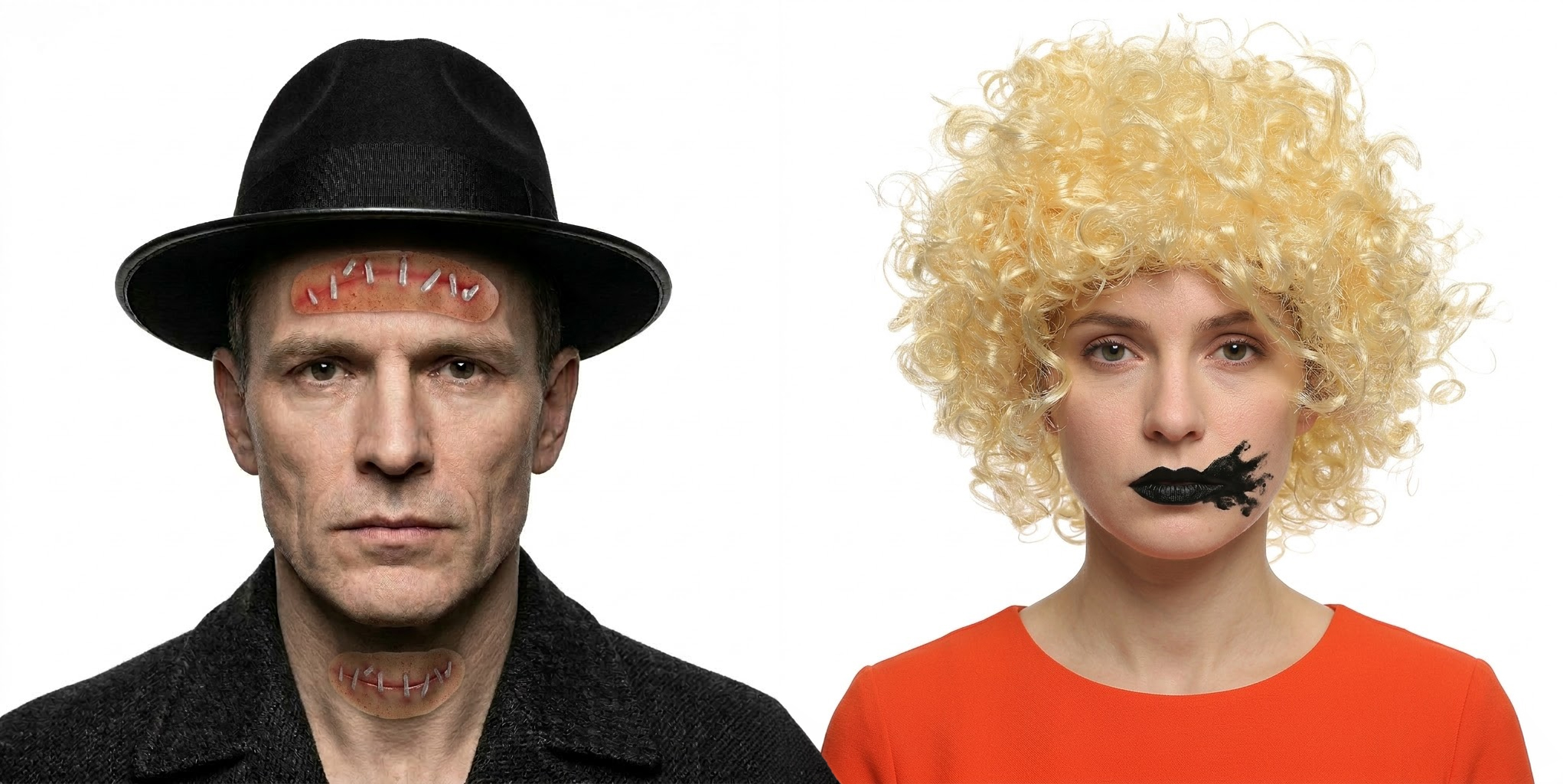 Adults Monster Bride & Groom Couples Costume | 4 Pcs | Hat, Scar FX Kit, Wig & Black Lipstick