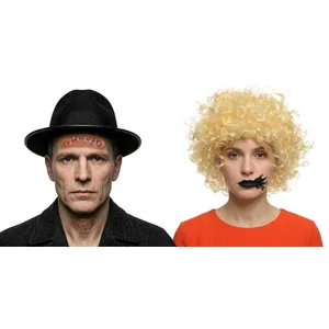 Adults Monster Bride & Groom Couples Costume | 4 Pcs | Hat, Scar FX Kit, Wig & Black Lipstick