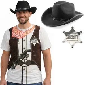 Adults Cowboy Costume | 3 Pcs | T-Shirt, Black Cowboy Hat & Silver Badge