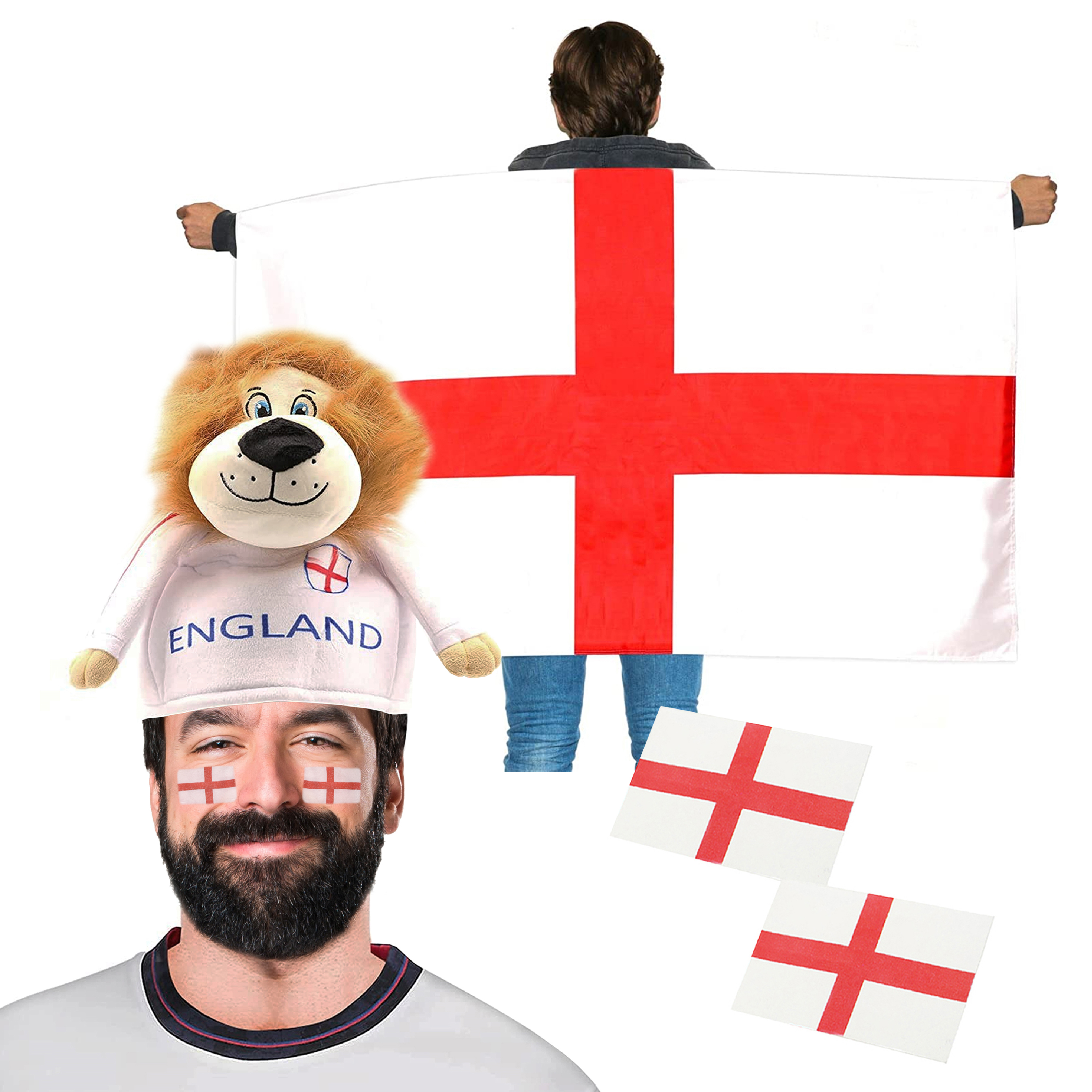 England Supporters Set - Flag Cape, Lion Hat & Tattoos