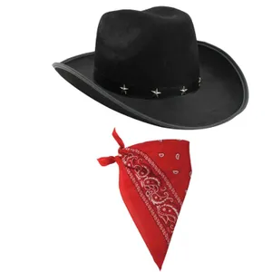 Black Star Studded Cowboy Hat & Paisley Red Bandana