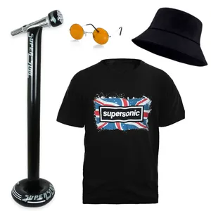 Adults Britpop Cosplay Costume - Super Sonic Tee, Glasses, Bucket Hat & Inflatable Microphone on Stand
