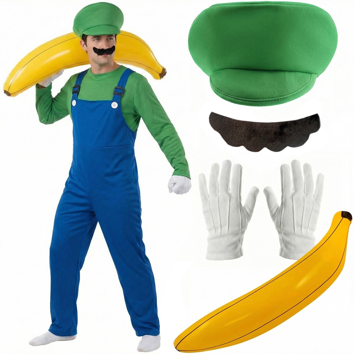 Mens Green Super Workman Costume | 6 Pcs | Dungarees, Top, Hat, Gloves, Tash & Inflatable Banana