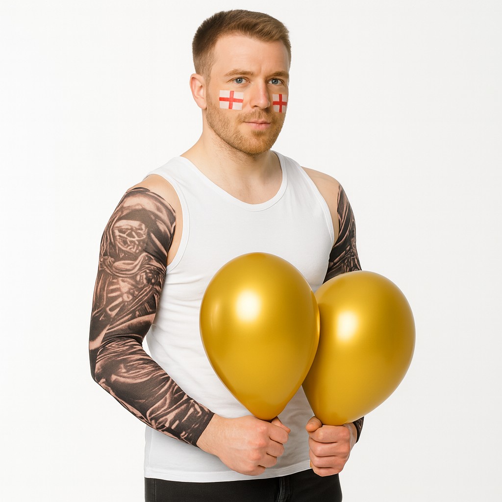 Mens David Beckham Costume | 4 Pcs | Vest, Face Tattoos, Sleeve Tattoos & Gold Baloons