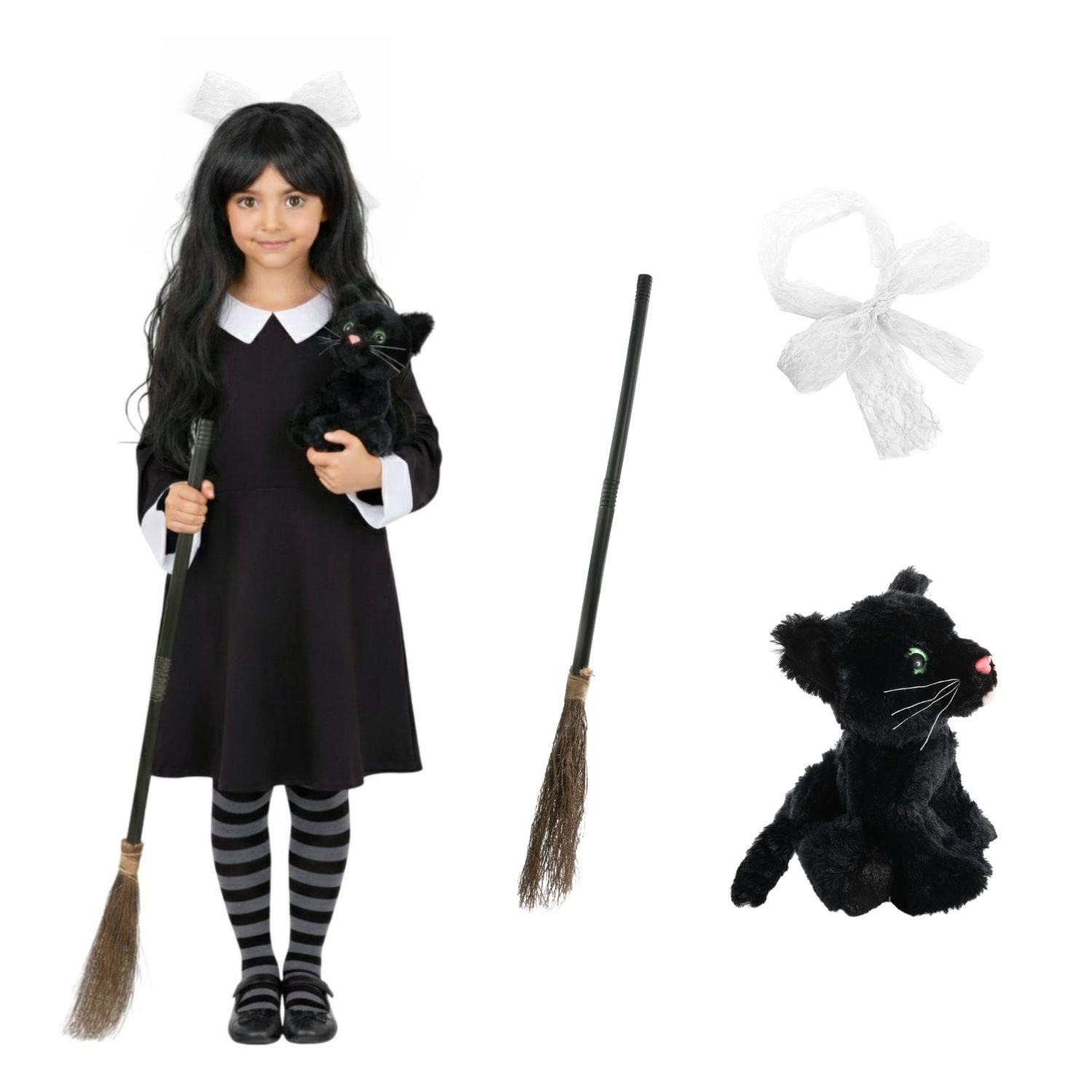 Girls Hooky Witch Costume | 4 Pcs | Collared Dress, Broom, Cat Toy & Hair Bow