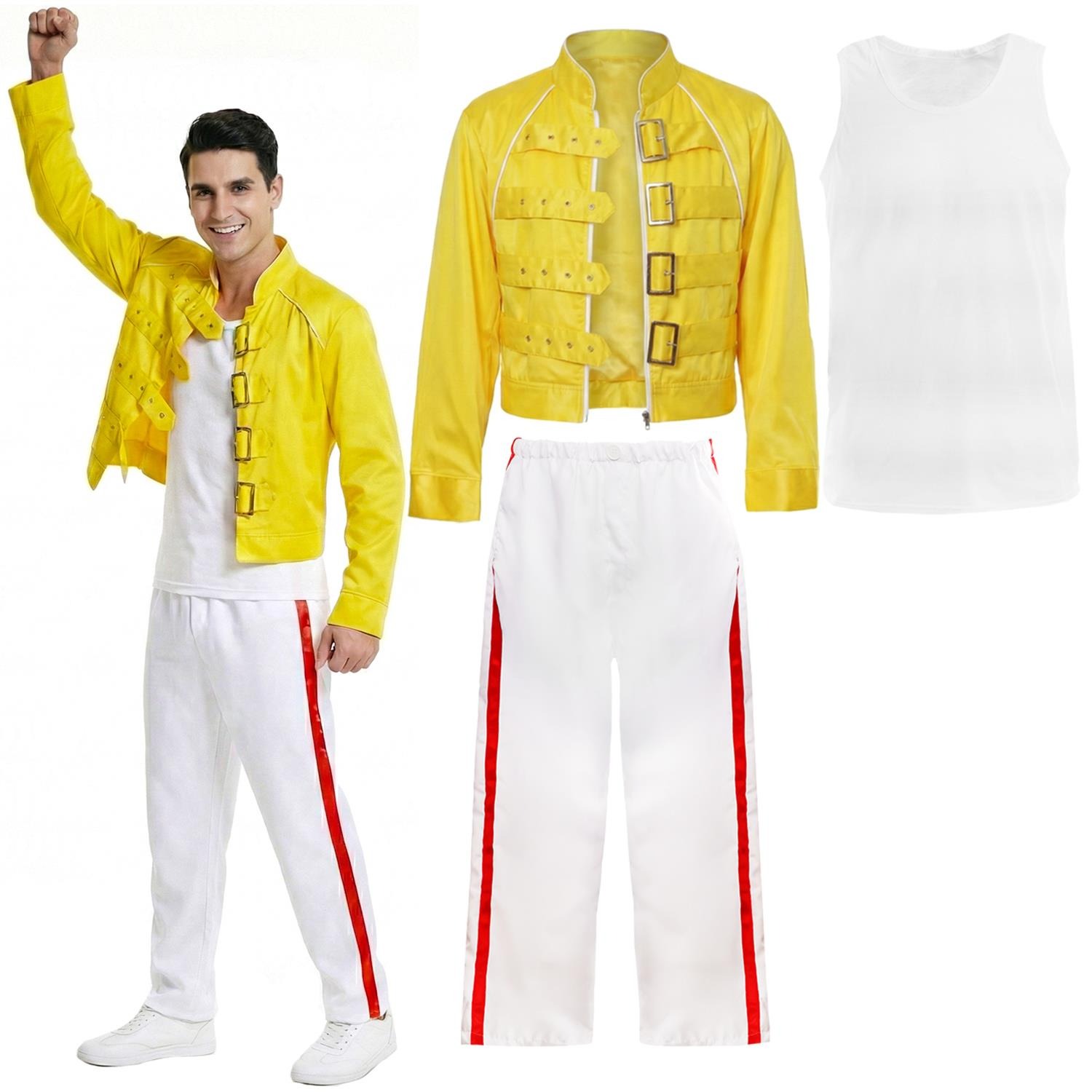 Adults 80's Rock Star Costume | 3 Pcs | Yellow Jacket, Vest & White Trousers