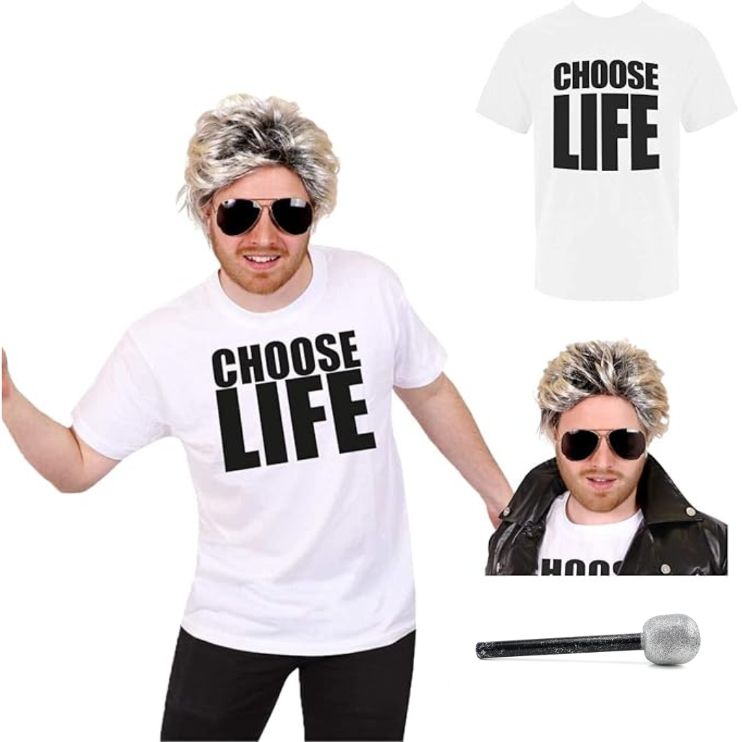 1980's Pop Star Costume Set - Slogan T-shirt, Glasses, Wig & Microphone