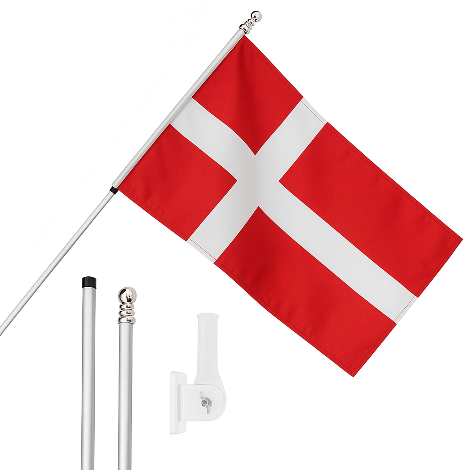 Large 5ft X 3ft Denmark Flag with 6ft Pole & Wall Bracket