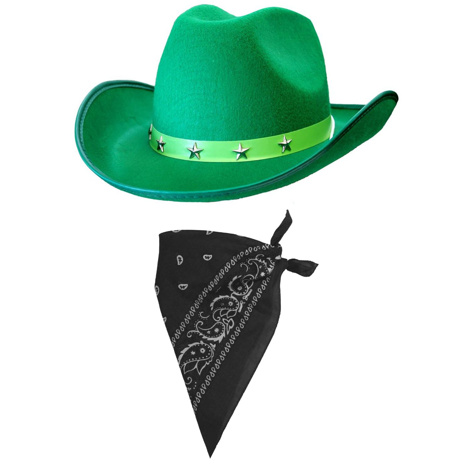 Green Star Studded Cowboy Hat & Paisley Black Bandana