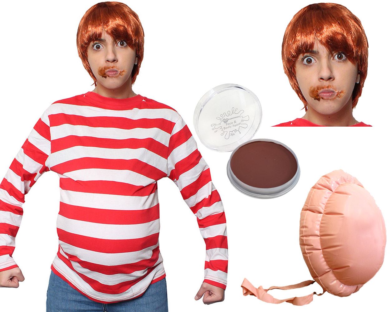 Adults Greedy Golden Ticket Winner Costume - Face Paint, Wig & Belly