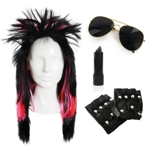 4 Piece Punk Rocker Fancy Dress Costume Set - Black/Pink Wig, Gloves, Lipstick and Glasses