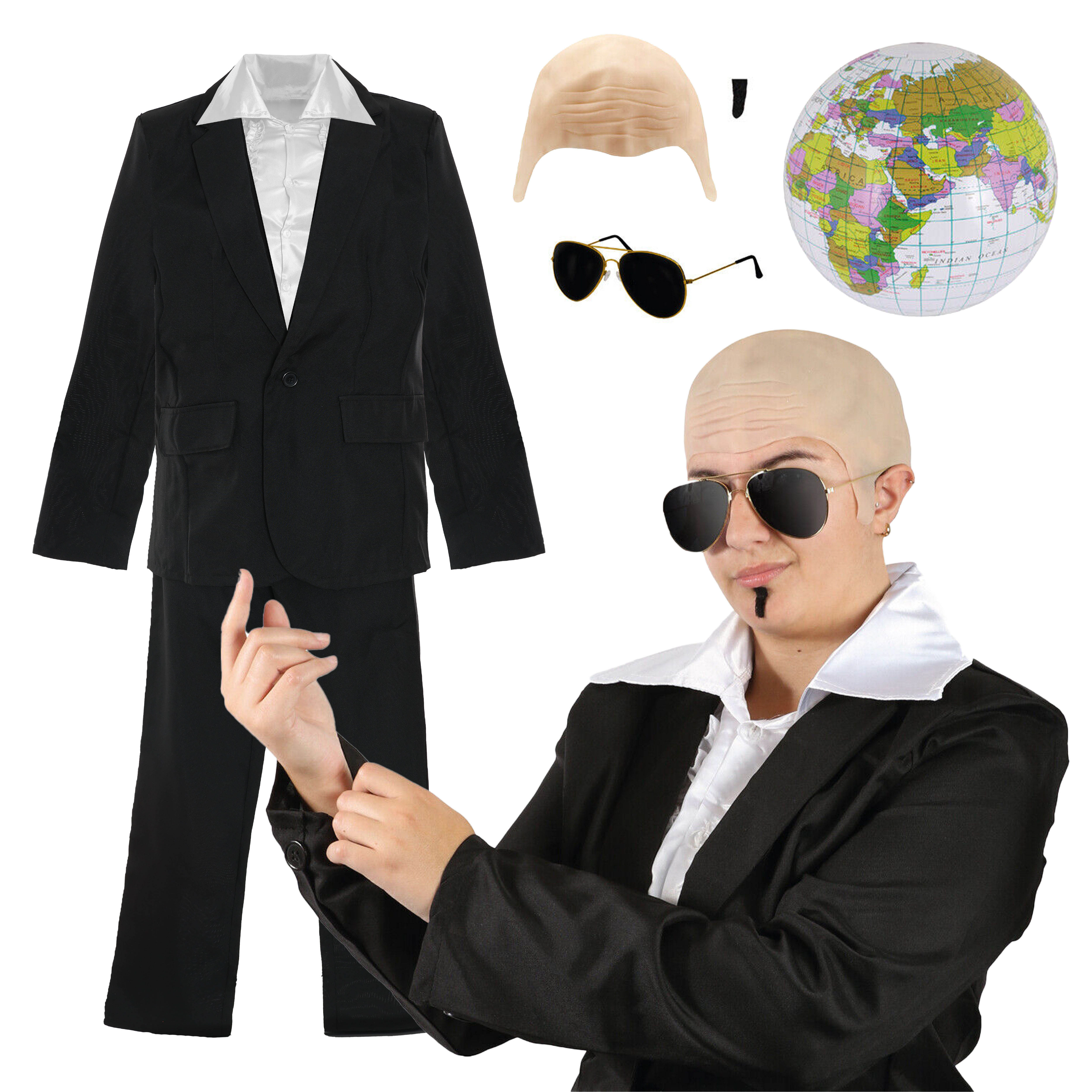 Mr Worldwide Deluxe Costume Small Set - Bald Cap, Glasses, Soul Patch, Inflatable Globe, Suit and Shirt - Pitbull Costume