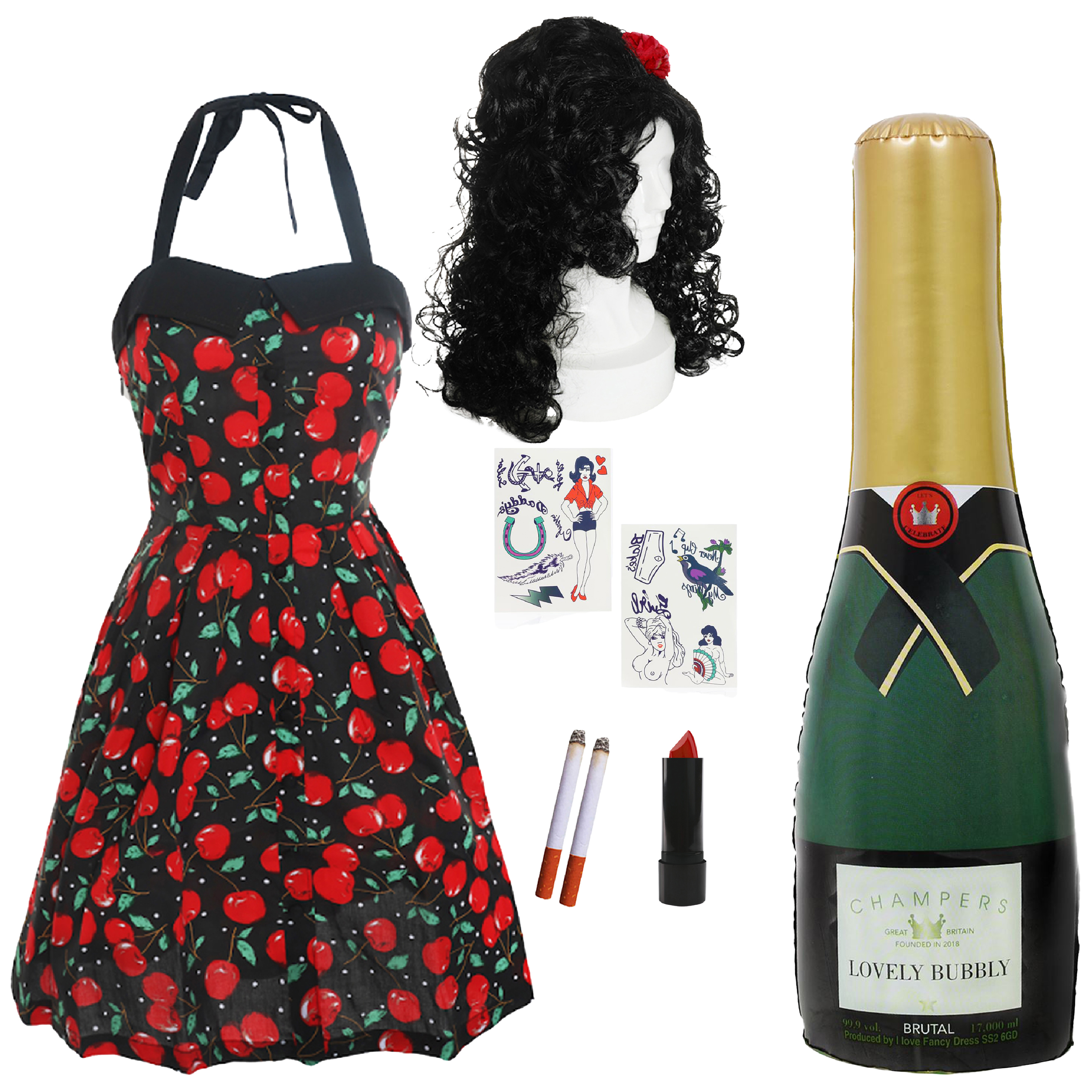 2000's Singer Costume - with Beehive Wig, Lipstick, Fake Cigarettes, Tattoos & Inflatable Champagne Bottle