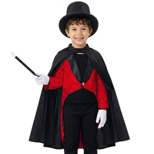 Kids Magician Costume | 5 Pcs | Red Sequin Tailcoat, Cape, Hat, Gloves & Wand