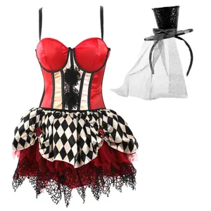 Ladies Harlequin Clown Corset and Tutu Costume with Fascinator Hat