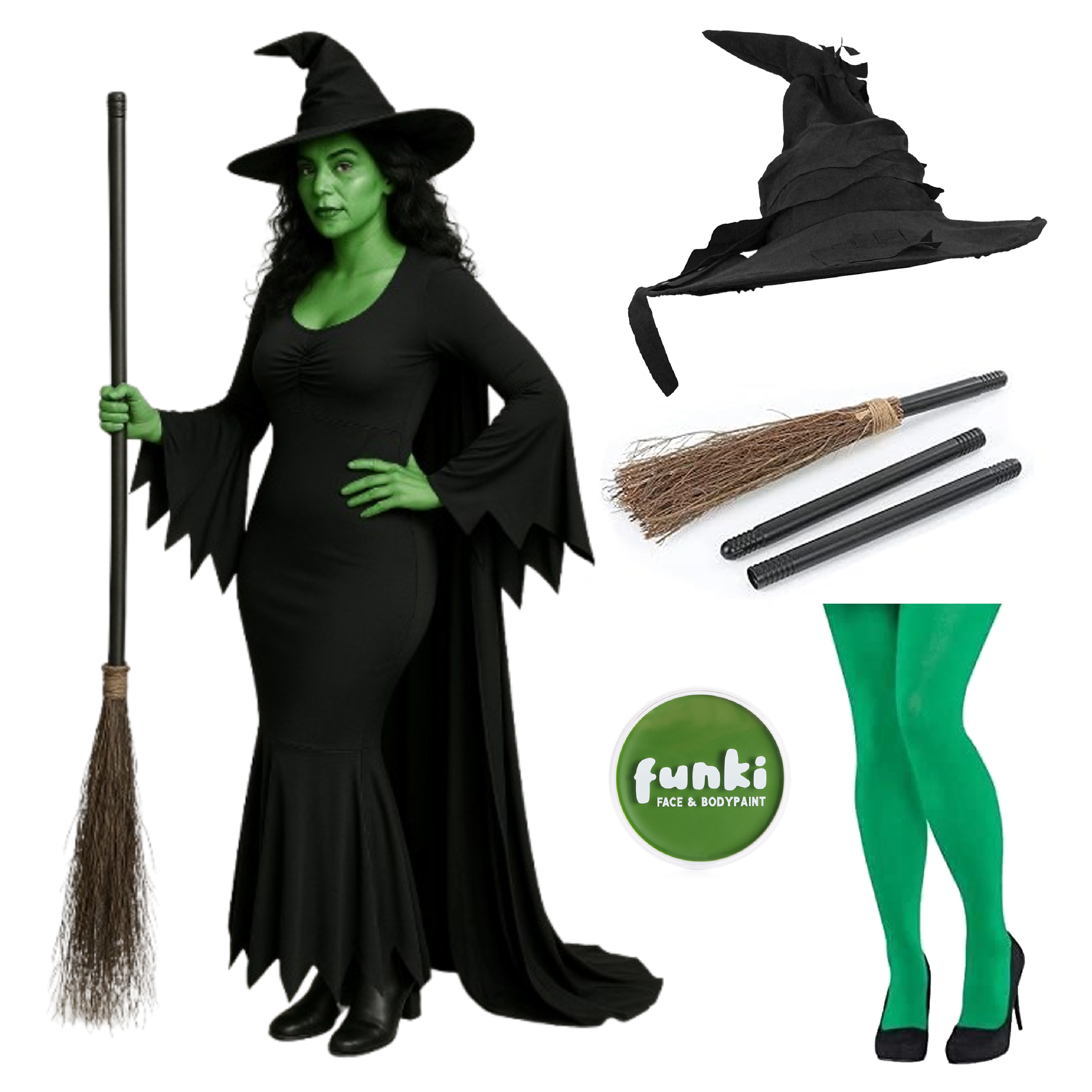 Ladies Deluxe Witch Costume | 6 Pcs | Dress, Tights, Cape, Hat, Broom & Face Paint