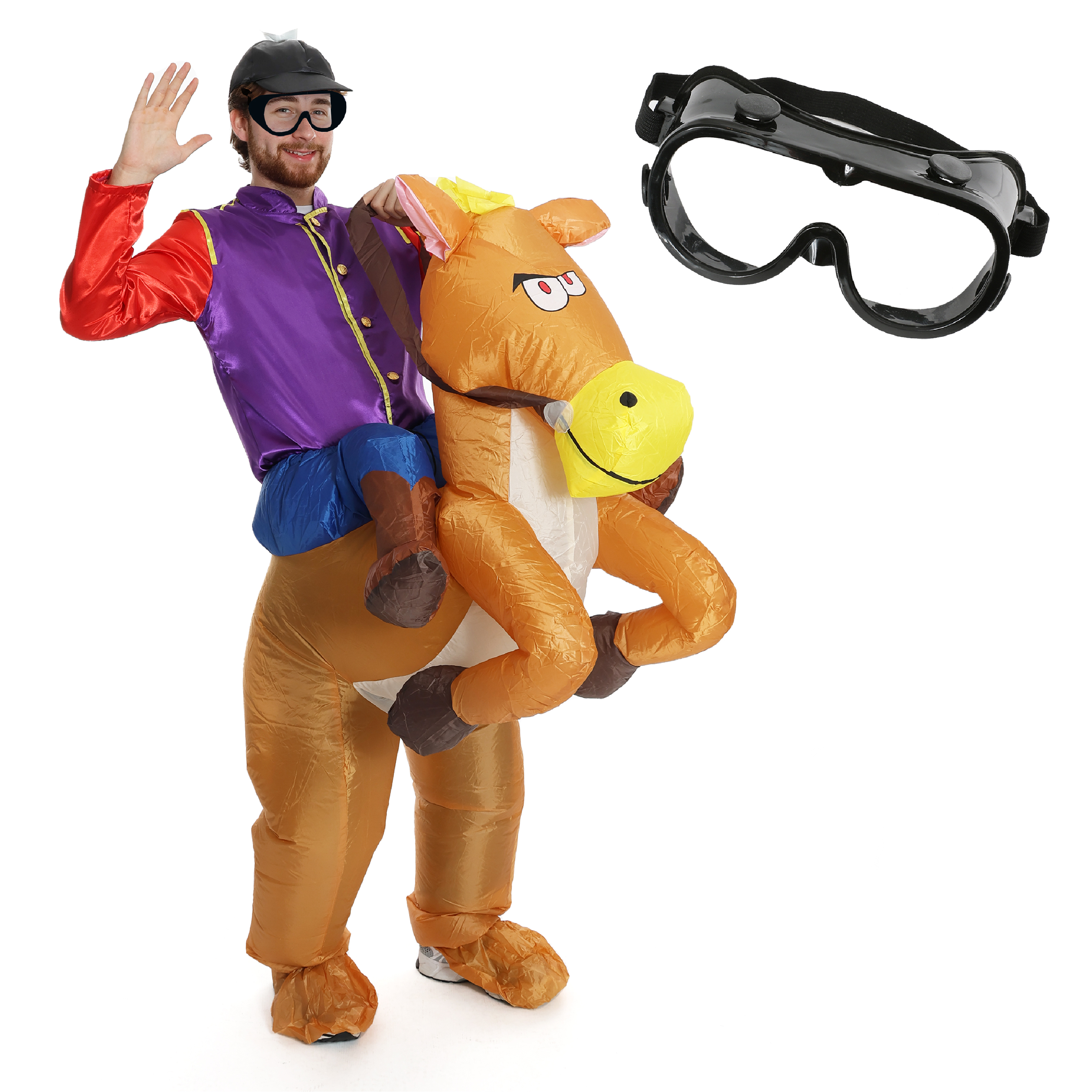 Adults Red & Purple Jockey Costume - with Inflatable Horse & Black Goggles