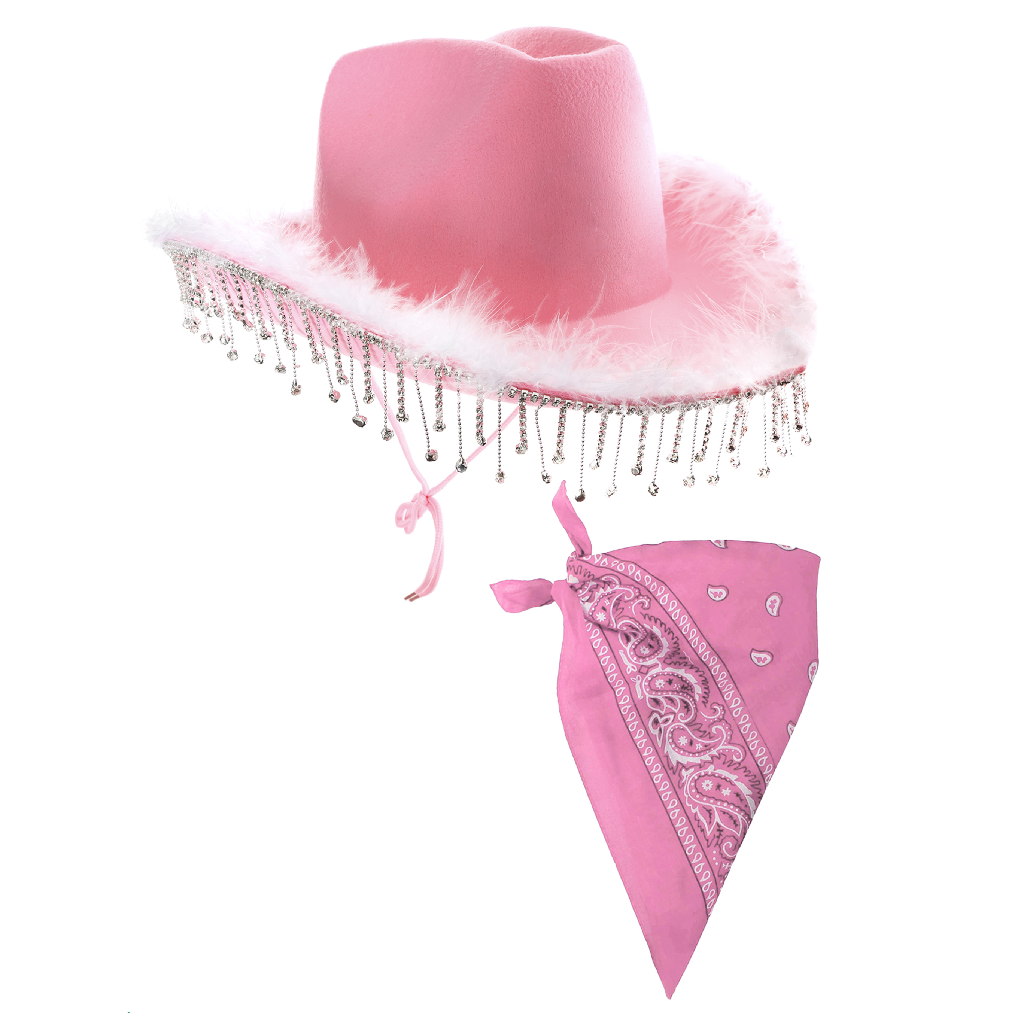 Pink Cowboy Hat with Diamantes & Marabou Trim + Bandana