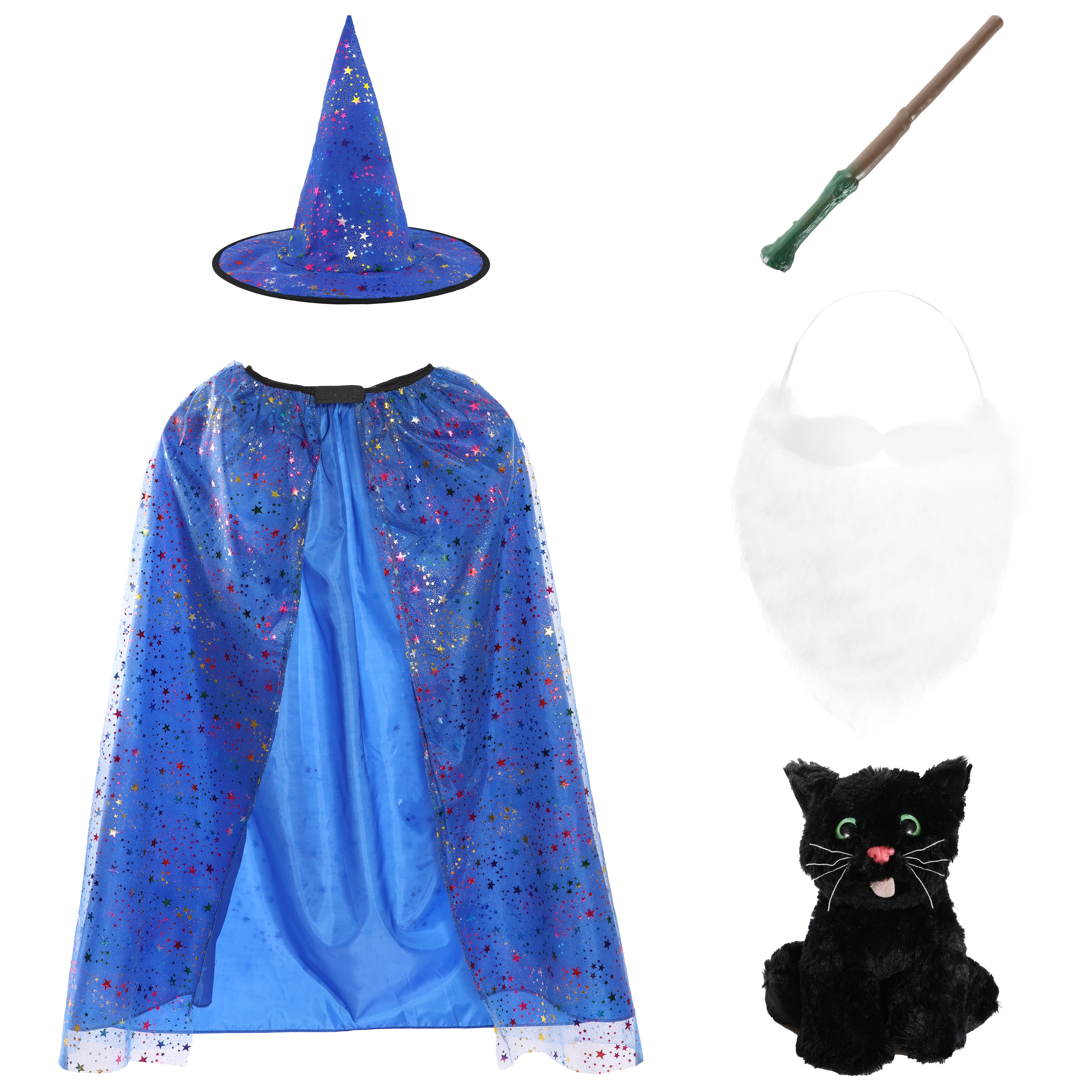 Girls Blue Witch Costume Set - Black Cat, Beard & Wand