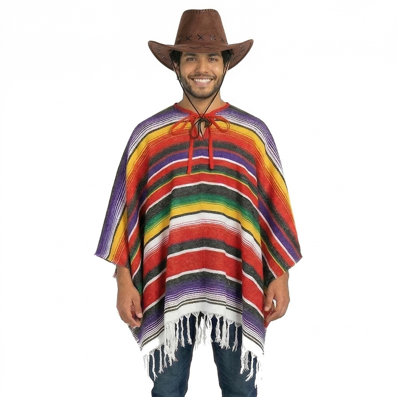 Adults Western Cowboy Costume | 2 Pcs | Poncho & Brown Suede Hat