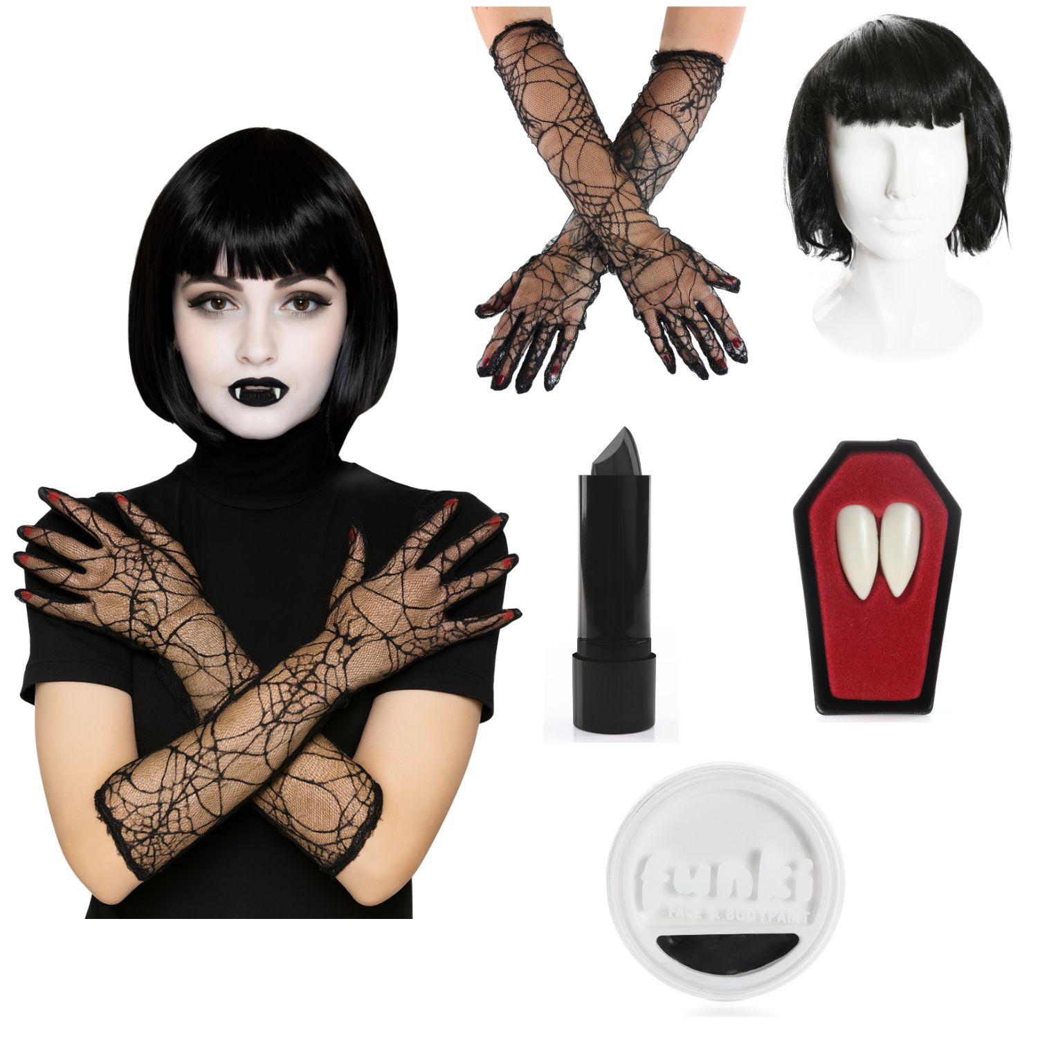 Ladies Hotel Vampire Accessory Set | 5 Pcs | Gloves, Wig, Lipstick, Fangs & Face Paint
