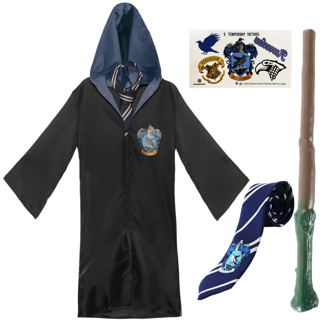Kids Harry Potter Costume | 4 Pcs | Ravenclaw Cloak, Tie, Tattoos & Wand