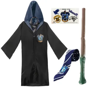 Kids Harry Potter Costume | 4 Pcs | Ravenclaw Cloak, Tie, Tattoos & Wand