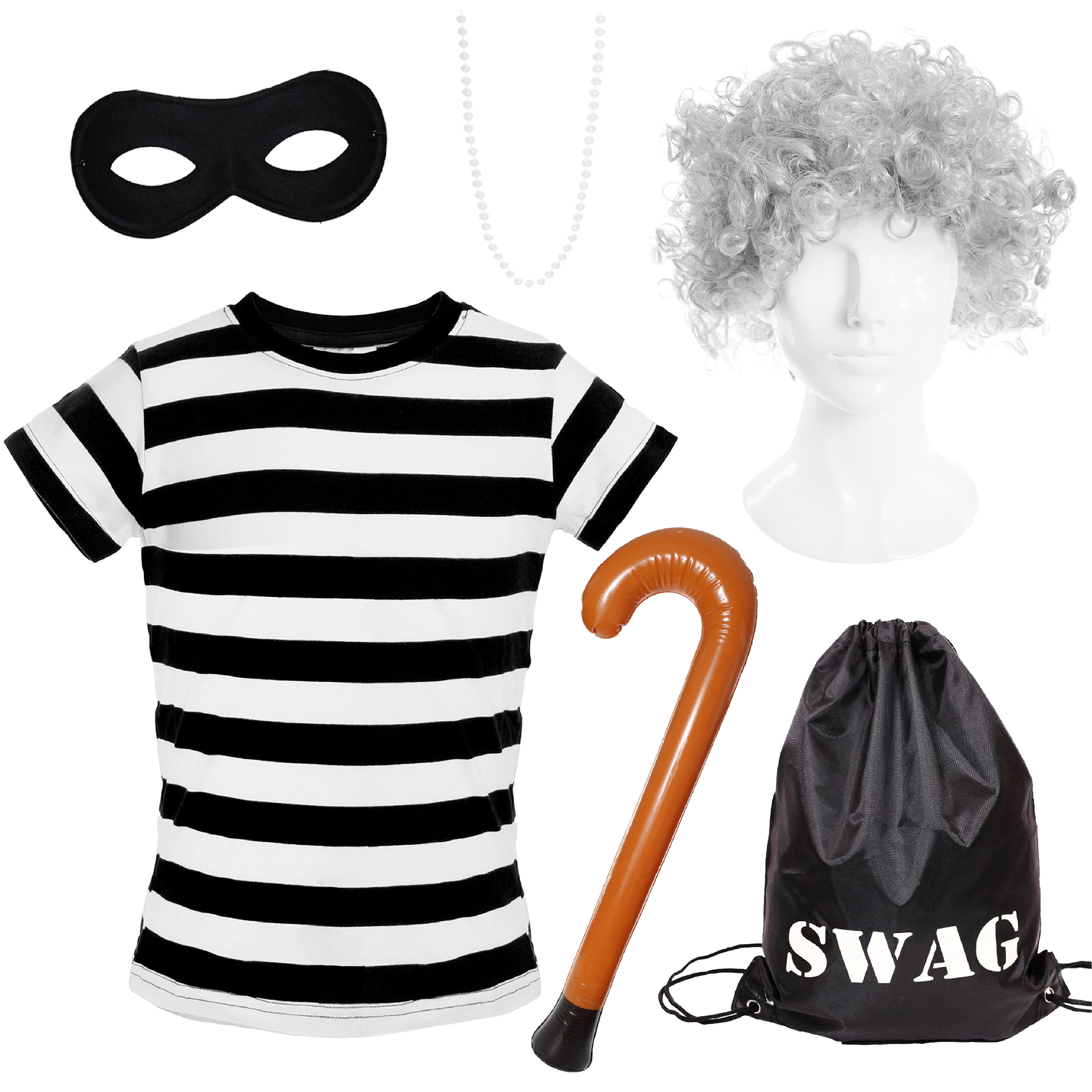 Adults Grandma Burglar Costume - Short Sleeve Top, Grey Bun Wig, Mask & Inflatable Walking Stick