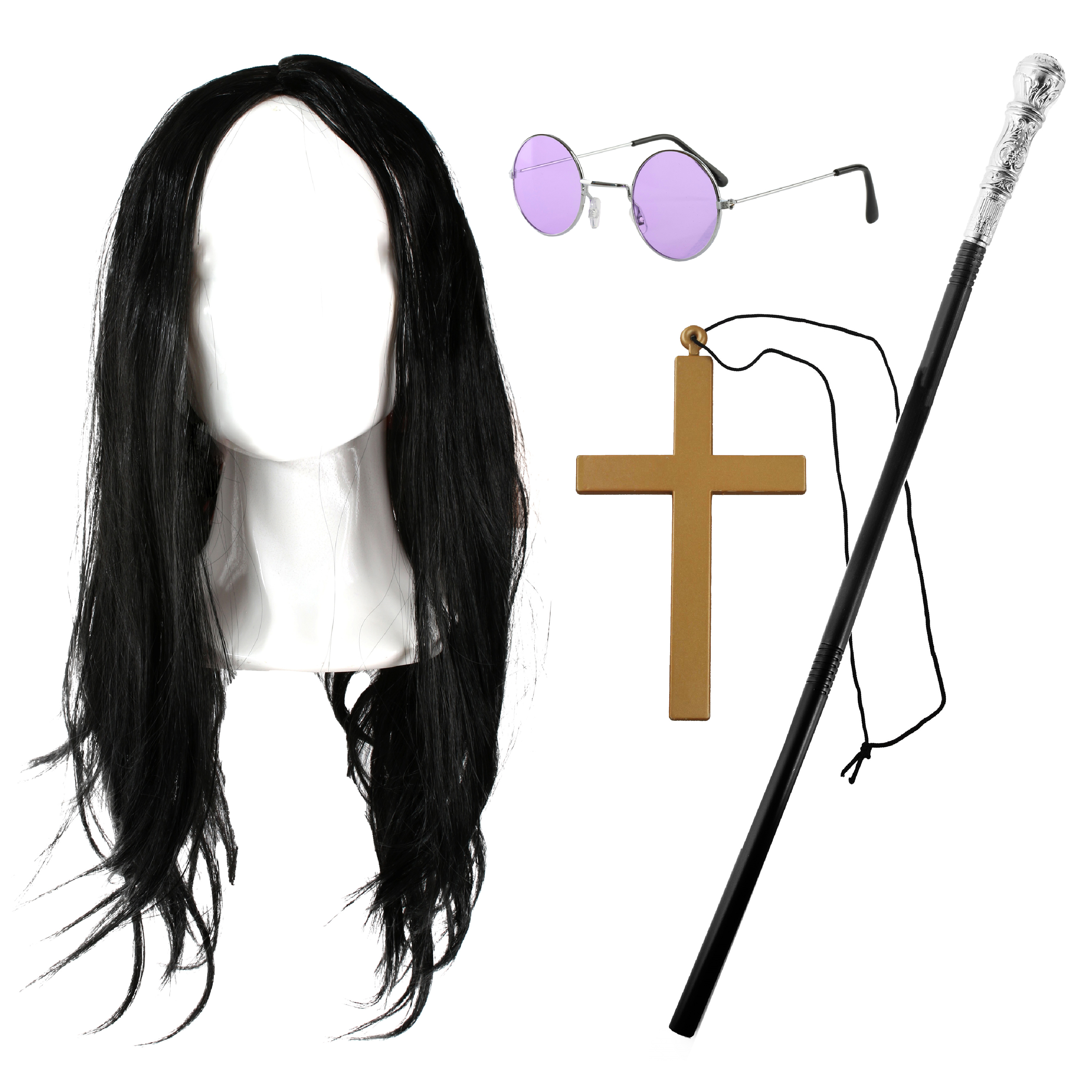 Prince of Darkness Accessory Set | 4 Pcs | Wig, Glasses, Cross Necklace & Cane