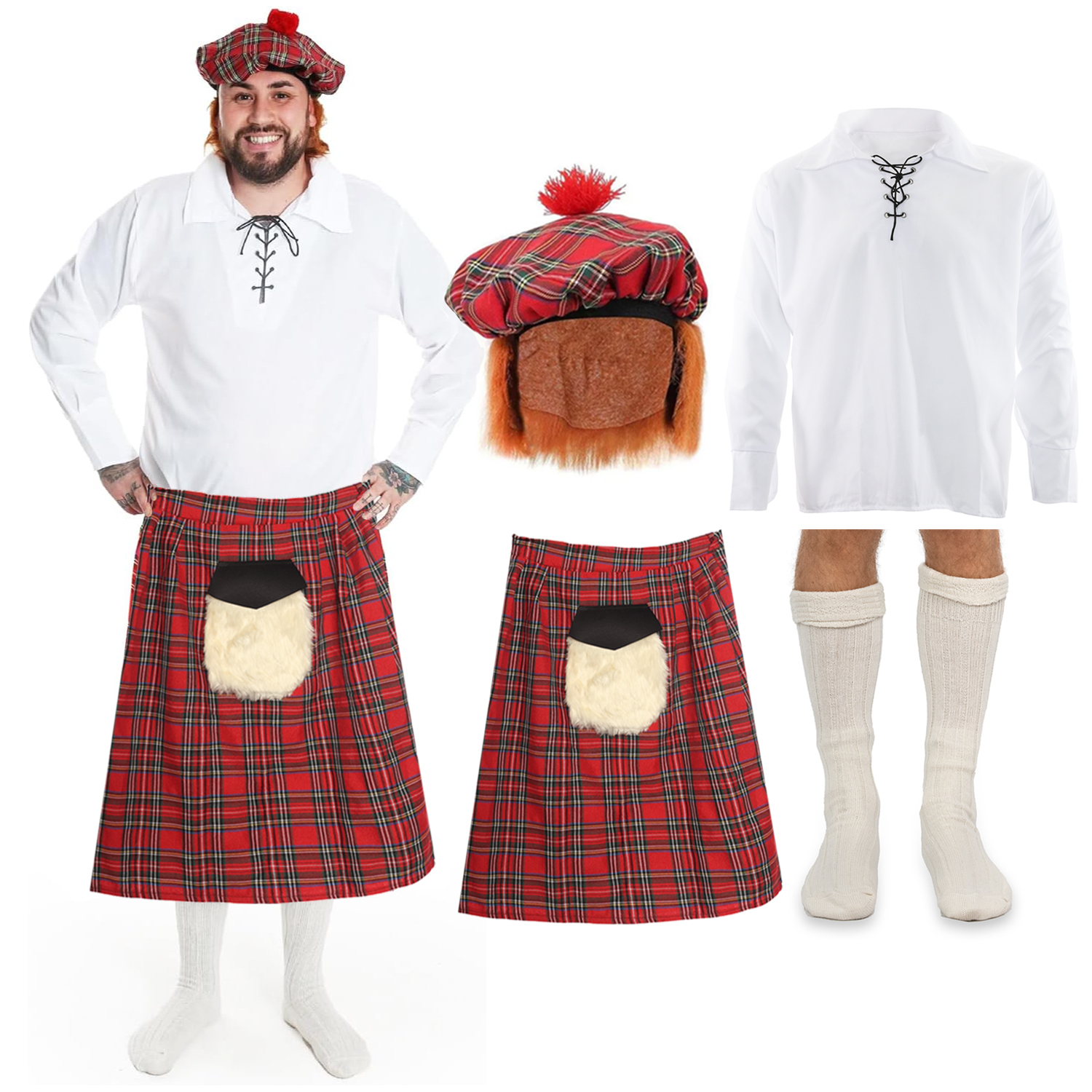 Adults Scottish Man Costume | 4 Pcs | Shirt, Tartan Kilt with Sporran Pocket, Tam O Shanter & Socks