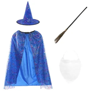 Girls Blue Witch Costume Set - Beard & Broom