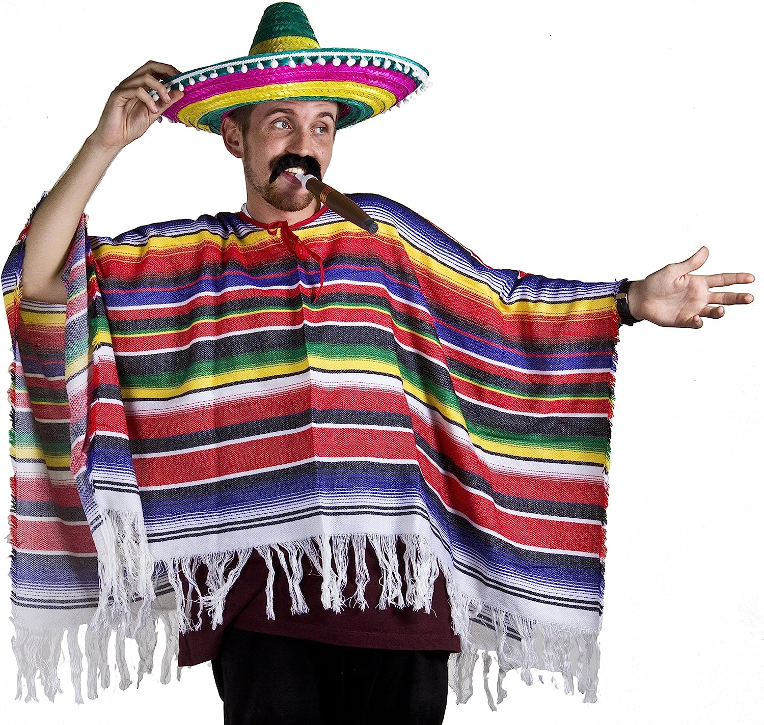 Mexican Poncho Sombrero & Tash Western Costume 9 Colours