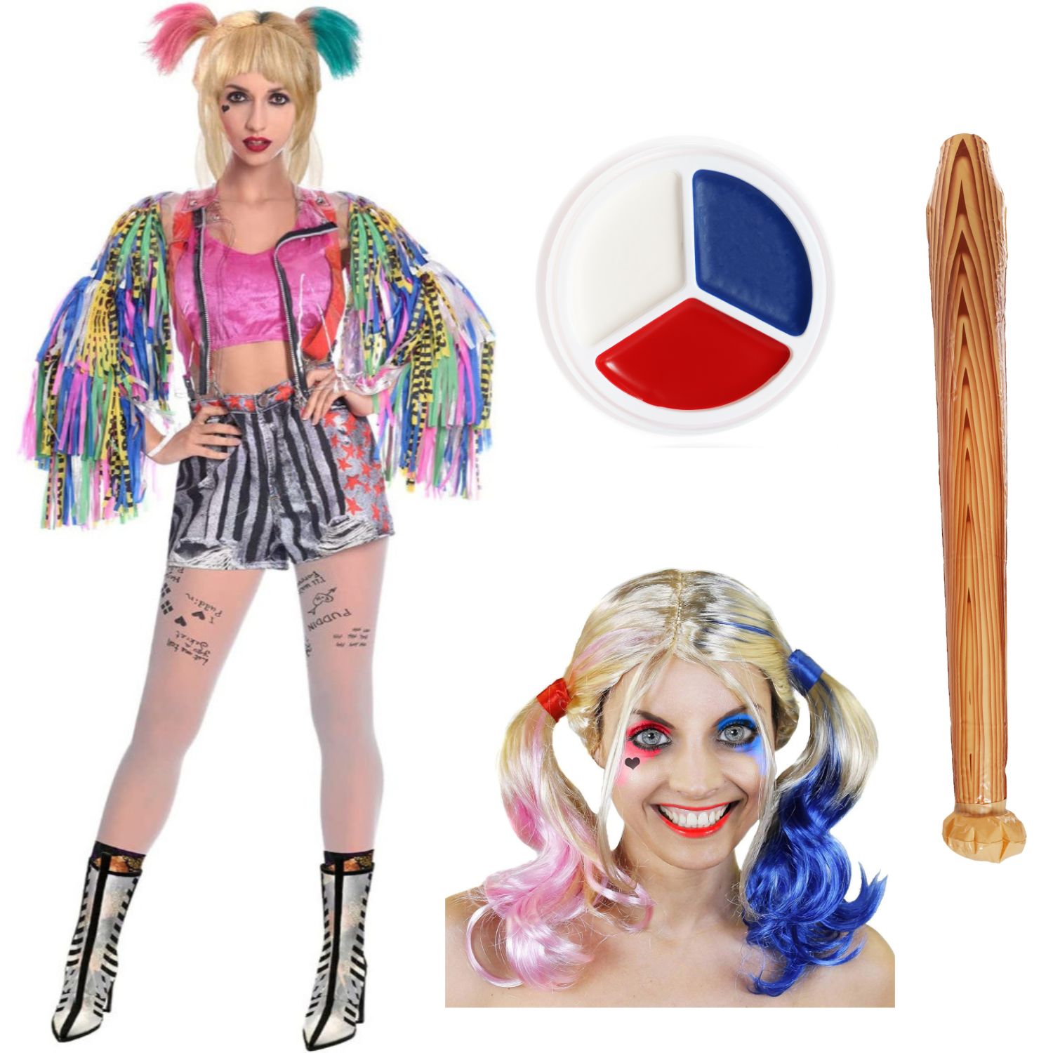 Official Licensed Harley Quinn Costume | 8 Pcs | Jacket, Top, Shorts, Braces, Tights, Wig, Face Paint & Inflatable Bat