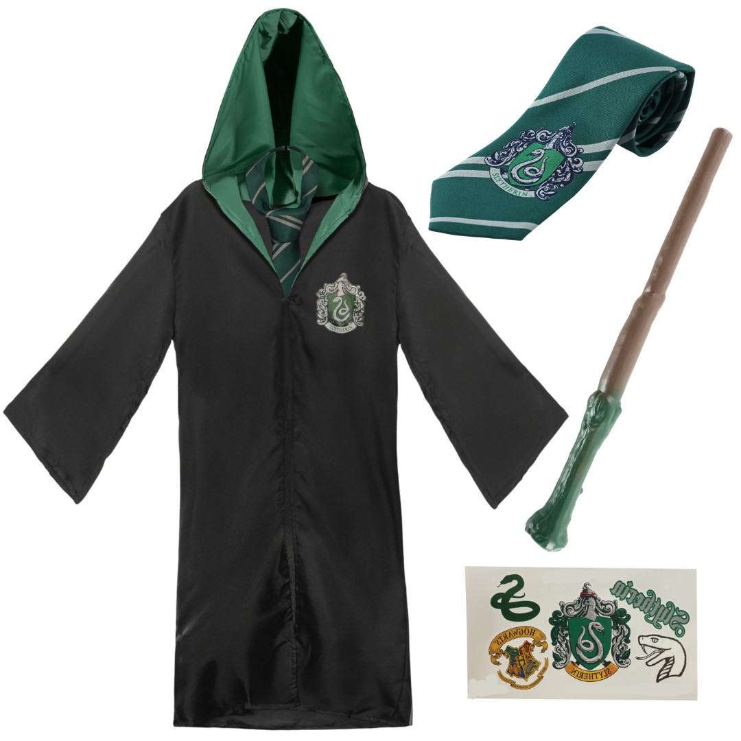 Kids Harry Potter Costume | 4 Pcs | Slytherin Cloak, Tie, Tattoos & Wand