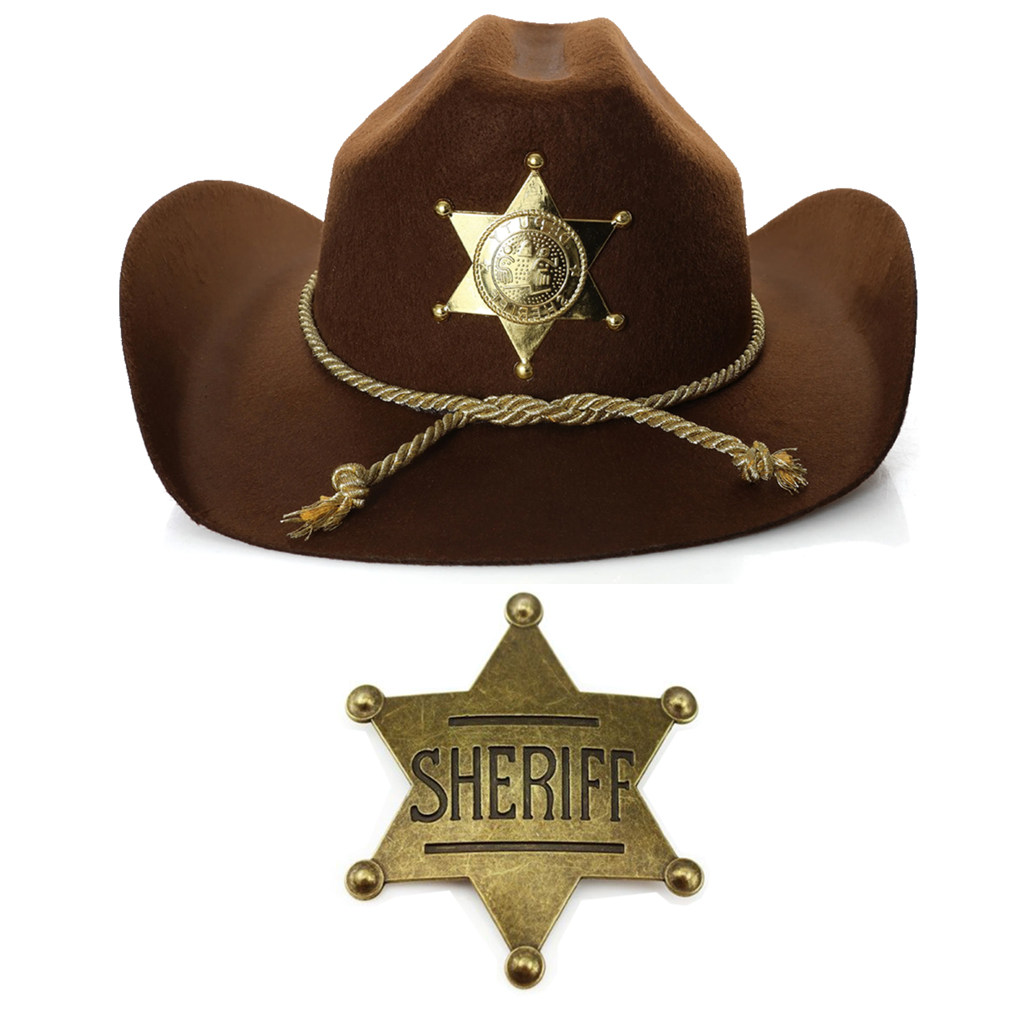 Adults Sheriff Accessory Set | 2 Pcs | Brown Hat & Gold Badge
